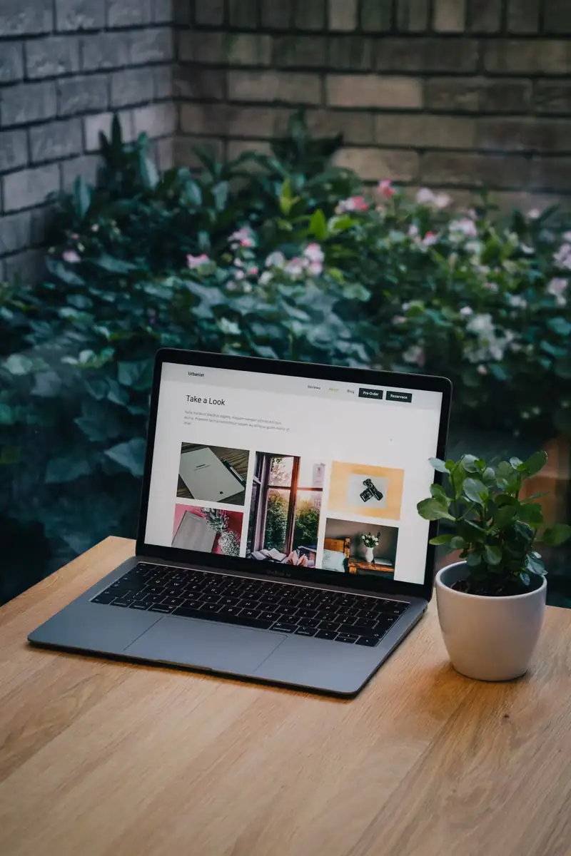 Laptop abierta sobre una mesa de madera mostrando una página web, junto a una planta