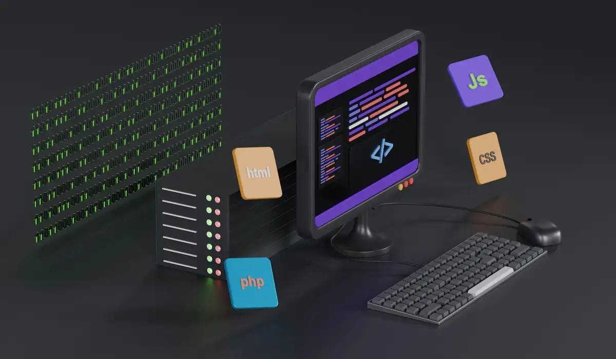 Ilustración de una computadora con código, un servidor y los lenguajes HTML, CSS, JavaScript y PHP
